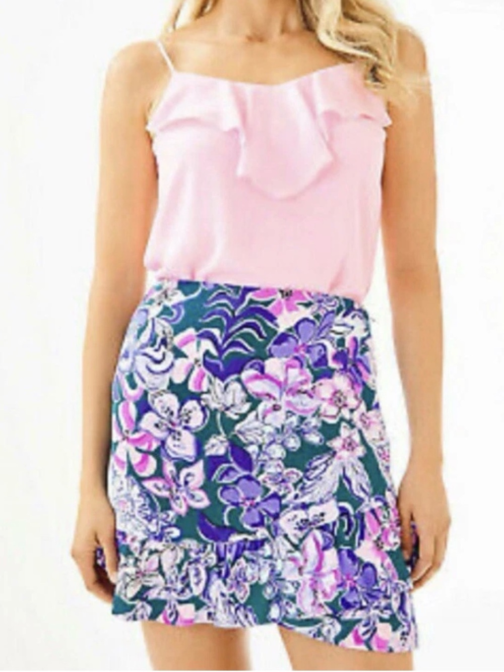 EUC Lilly Pulitzer Ibby Ruffle Womens Skirt Tanzanian Teal Moonlight Garden